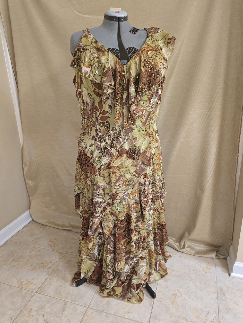 Robbie Bee Floral Ruffle V-Neck Maxi Dress in Olive and Brown